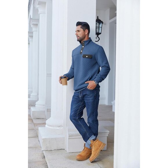 Men's Sweatshirt Quarter Button Pullover Sweatshirt Stand Collar Polo Dark Blue - Picture 3 of 4